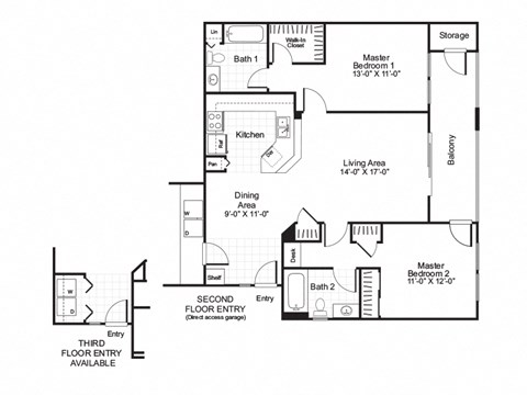 Floor plan for 2 beds, 2 baths, 1006 sqft